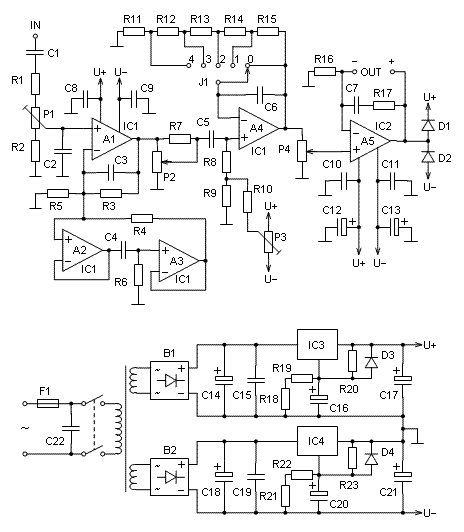 Transconductance amplifier schematic with TDA2040; incorporating adjustable resonance equalizer and baffle step compensation